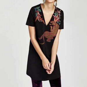 Zara Tattoo Dress 90s Goth Panther Stamped Yoke Sheath Midi T Shirt Dress